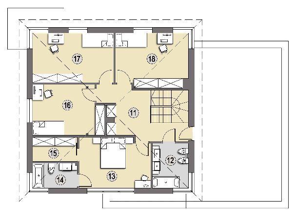 Na piętrze domu zaprojektowano 4 sypialnie oraz ogólnie dostępną łazienkę. Sypialnia gospodarzy to osobny apartament z własną łazienką i garderobą.